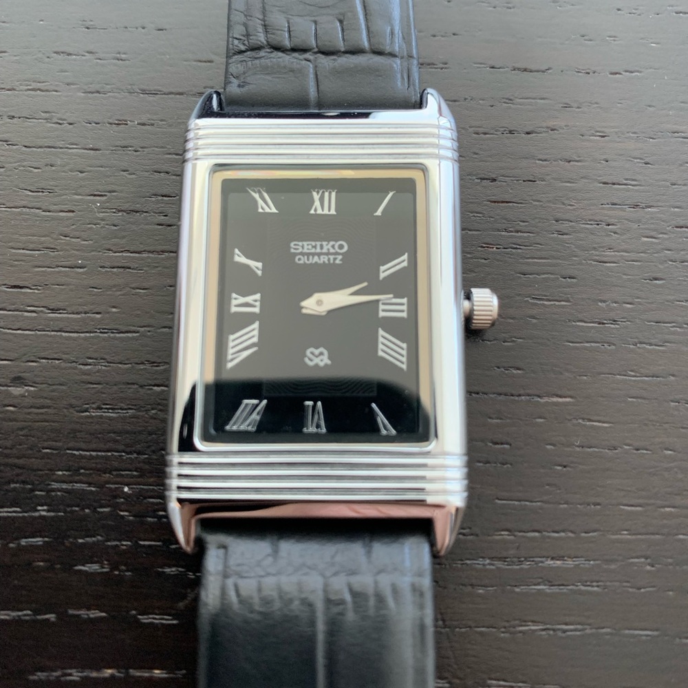 Vintage Seiko Reverso Frame Tank Watch Black Dial Silver Bezel